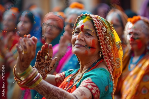  Festival of Colors: Indian Women Dressed in a multi-colored sari. Have fun dancing Amidst the colorful festival atmosphere It represents beautiful culture and traditions. 