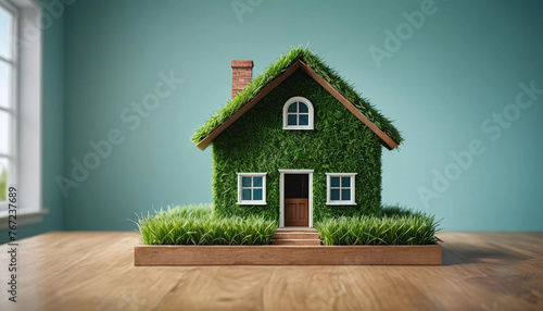 Modèle miniature de maison sur une table. Concept de construction immobilier vert et durable - IA générative