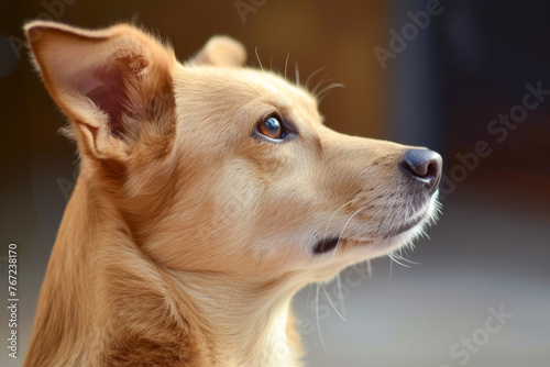A close-up of a fawn-colored dog with whiskers and eyes looking up at the sky.