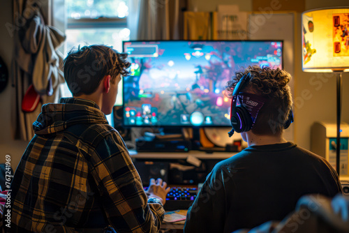 Dynamic Duo: Two Students Roommates Engaged in Intense Video Game Battle on TV