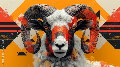 Abstract artistic illustration of an aries ram with vibrant orange background; surreal digital illustration representing the zodiac and astrology sign