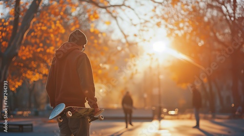 Young skateboarder at skatepark in warm morning light