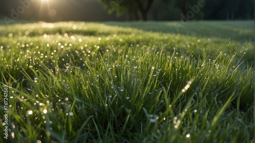 The grass sways gently in the morning breeze, creating mesmerizing patterns of movement across the field. Birds chirp melodiously in the distance, adding a peaceful soundtrack to the tranquil setting.