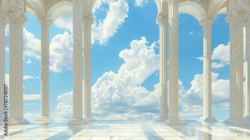 Classical White Columns Architecture with Ethereal Cloudy Sky