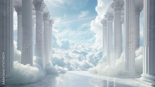 Classical White Columns Architecture with Ethereal Cloudy Sky