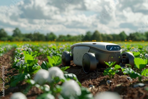 Automated weeding robots, solarpowered, field at work, ecofriendly, wide shot, day , 3D render