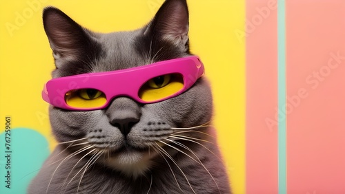 Handsome fashionable furry grey cat wearing yellow and pink sunglasses. : Copy space for text