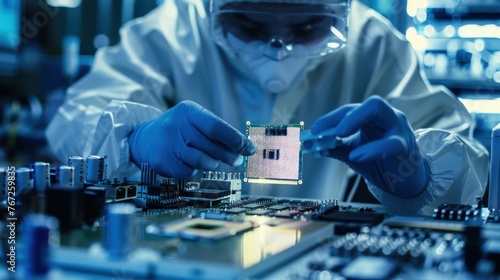 Scientist in coveralls conducting a Research working on a processor chip and development of microelectronics and processors in a laboratory. 