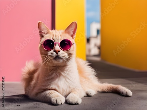 Handsome fashionable furry orange cat wearing pink sunglasses. : Copy space for text