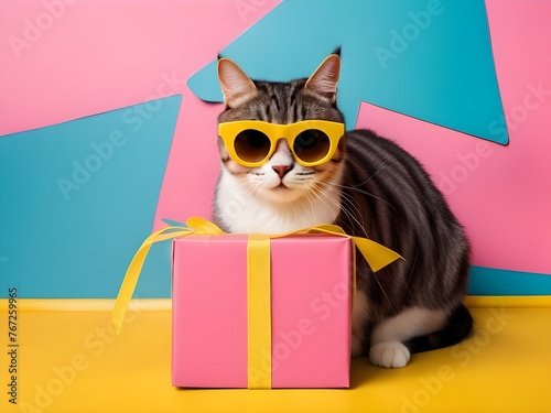 funny cat wearing sunglasses, with gift boxes: Copy space for text; Birthday background