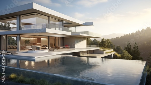 Sleek glass-walled modern masterpiece with cantilevers infinity pool and seamless indoor/outdoor living.