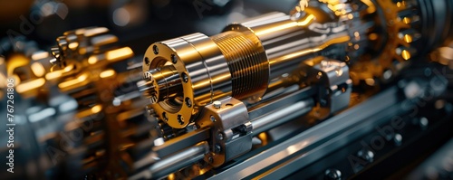 A detailed close-up of a hydraulic cylinder in action, showcasing the piston extending with hydraulic fluid, gears in motion, and valves controlling pressure