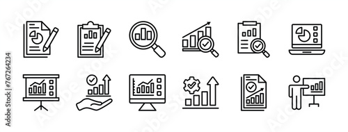 Analysis data report thin line icon set. Containing financial profit graph on the clipboard, device, whiteboard. Review results documents. Statistical science data information. Vector illustration