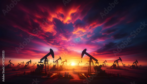 Multiple Oil Derricks And Pumpjacks Against A Vibrant And Colorful Sky