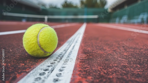 Craft a minimalist composition highlighting a tennis ball resting on the clay court surface, with subtle shadows and