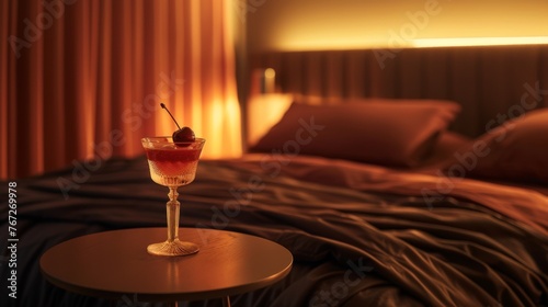 In a bedroom bathed in warm, ambient lighting, a crystal glass filled with a red nightcap stands on a round table, promising a relaxing end to the day.