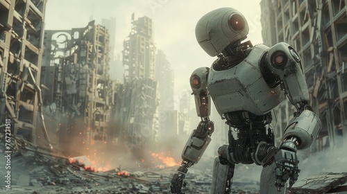 Robot locked in an epic struggle for survival, amidst the ruins of sci-fi war theme
