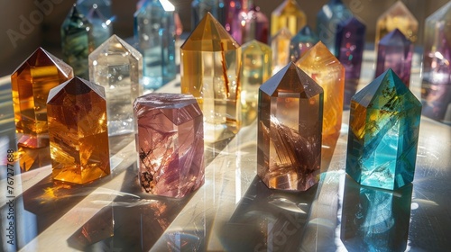 An array of polished, geometric gemstones on a reflective surface, each casting its own unique shadow and highlight