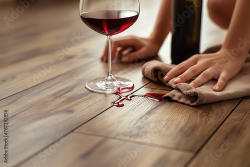 Spilled red wine on wooden floor being cleaned by a woman with an absorbent fabric.