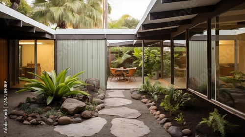 Midcentury modern Eichler atrium home with post-and-beam construction.