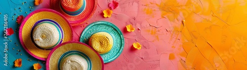 Colorful sombreros and scattered flowers on a vibrant blue and coral textured background, festive Cinco de Mayo theme
