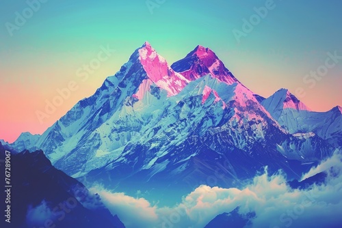 Hipster Retro Instagram Filter: Himalaya Mountains of Nepal. Mountain Background with Tibet Vision and Abstract Coaching Font for Success