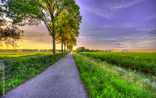A bicycle path in a rural area of The Netherlands at sunset.