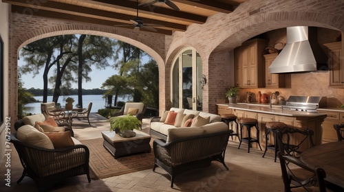 Open-air indoor/outdoor loggia kitchen and living area with bead board ceilings brick arches and scenic vistas.