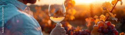 A man with a glass of wine in the background of a vineyard in the warm light of the setting sun. Banner.