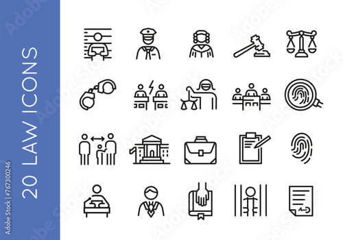 Set of 20 line law icons featuring justice, legal, court, judge, lawyer, gavel, scales, handcuffs, police, documents. Vector illustration