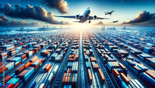 An airplane is in the sky, directly above a huge array of multi-colored cargo containers. The containers are neatly organized in the expansive warehouse area, symbolizing a busy hub for global trade a
