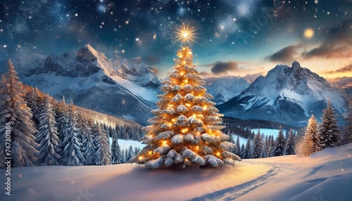 Shining Christmas tree against the background of snow-capped mountains.