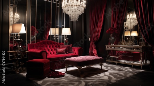 Lavish Hollywood Regency dressing room lounge with Chesterfield sofa mirrored walls glass chandelier and velvet draperies.