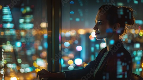 professional woman in executive leadership, office with city skyline at night, corporate strategy and responsibility, business success in humanitarian investment