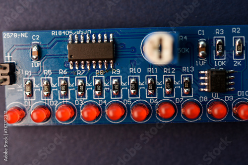 A printed circuit board with radio elements. LEDs and chips. A set for soldering an amateur radio.