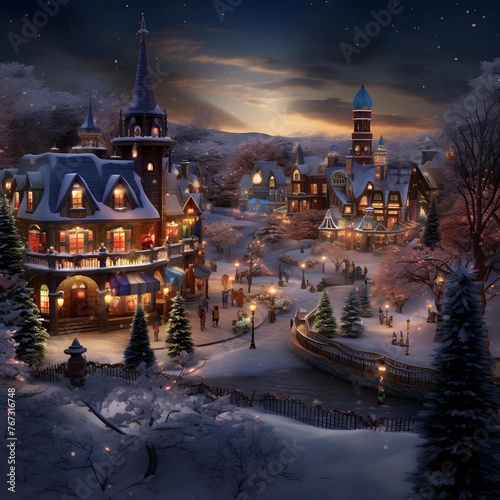 Illustration of a beautiful winter landscape with a small town at night