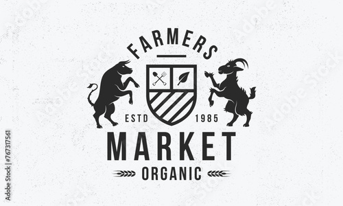 Farmers Market logo. Food store emblem, poster. Bull and Goat silhouette. Label, badge, poster for Farmers market, grocery store. Vector illustration