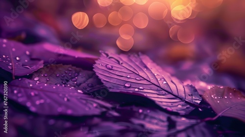Purple themed fall scene with leaves and a bokeh blurry background, Purple leaves with rain drops, Autumnal purple nature scene with fallen leaves and water drops, AI generated