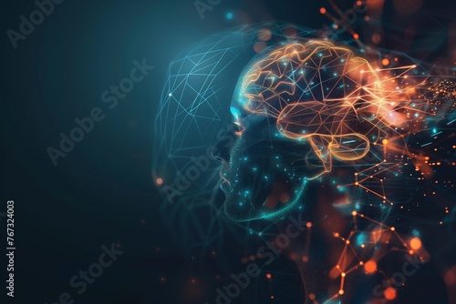 Human head with a glowing brain and futuristic luminescent neural connections and synapses, representing the concept of advanced cognitive function and artificial intelligence.
