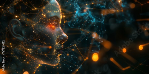 Human head with a glowing brain and futuristic luminescent neural connections and synapses, representing the concept of advanced cognitive function and artificial intelligence.