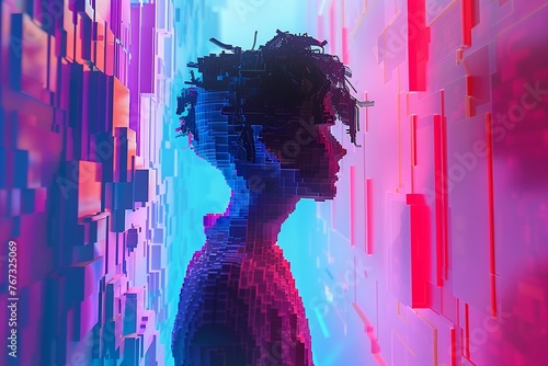 Design a character with pixelated hair and glitchy skin navigating through a digitally rendered labyrinth of tasks and challenges. They overcome obstacles with ingenuity and resourcefulness