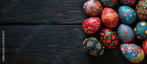 Decorated Easter eggs called Pysanka on a black wooden background with copy space and viewed from the top