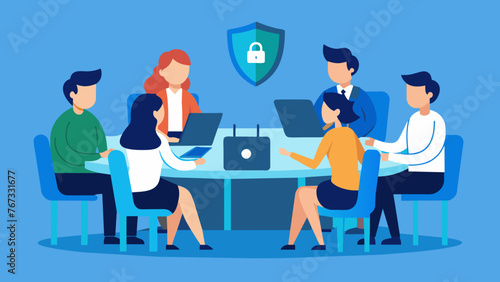 A team of professionals huddled around a conference table intently discussing the implementation of essential cybersecurity tools to protect