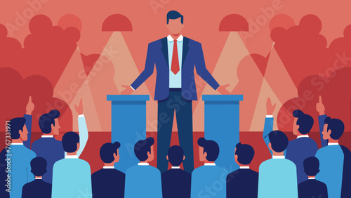 An exeive stands in front of a large audience delivering a powerful speech with confidence and conviction in their words. This represents a