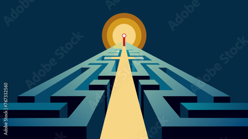 A maze with a clear path leading to a shining light at the end representing the challenges and obstacles faced on the road to success in