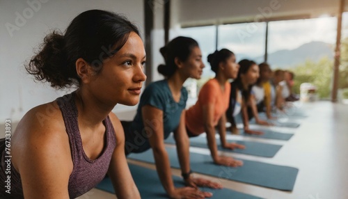  Line of people in a yoga class performing a forward bend pose, with the focus on a woman in the foreground
