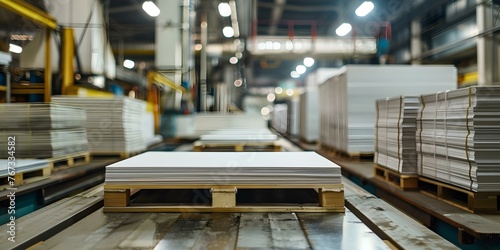 Closeup of offset printing process in modern printing house with stacks of printed sheets on wooden pallets. Concept Printing House, Offset Printing, Printed Sheets, Wooden Pallets, Modern Technology