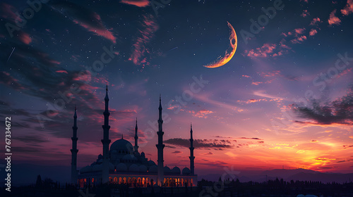 A serene evening scene with a crescent moon and a beautiful mosque in the background, representing Islamic spirituality and cultural tradition.