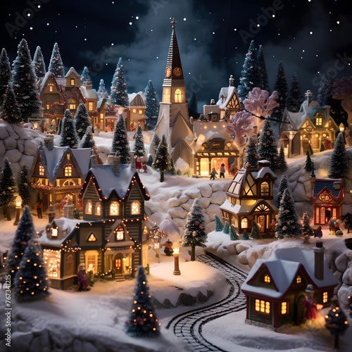Illustration of a Christmas scene with a small town in the snow