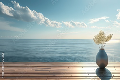Wooden deck overlooking tranquil ocean
